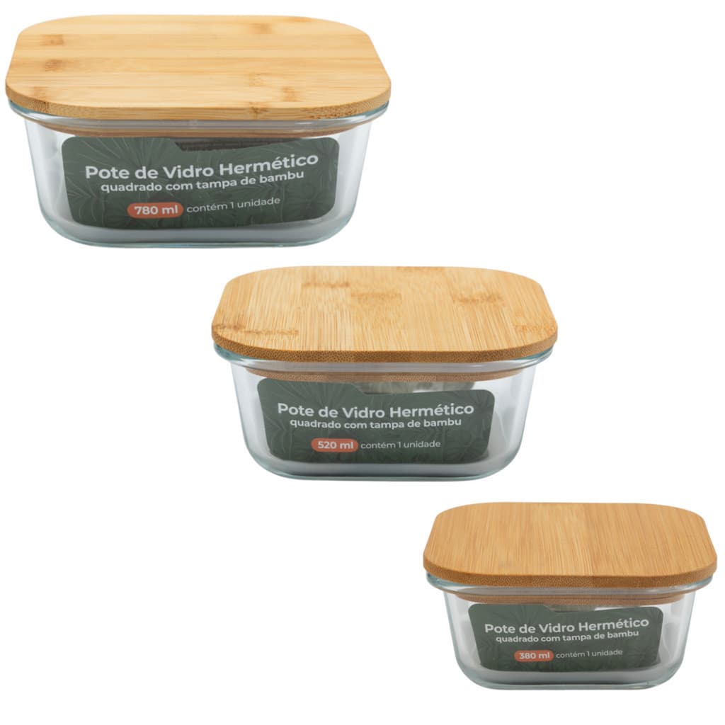 Jogo De 3 Potes Herméticos Quadrado Tampa De Bambu Casavita