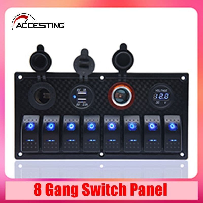Painel de interruptores basculantes de 6/8 grupos com porta de carregamento USB DC para carro, barco, 12 V/24 V
