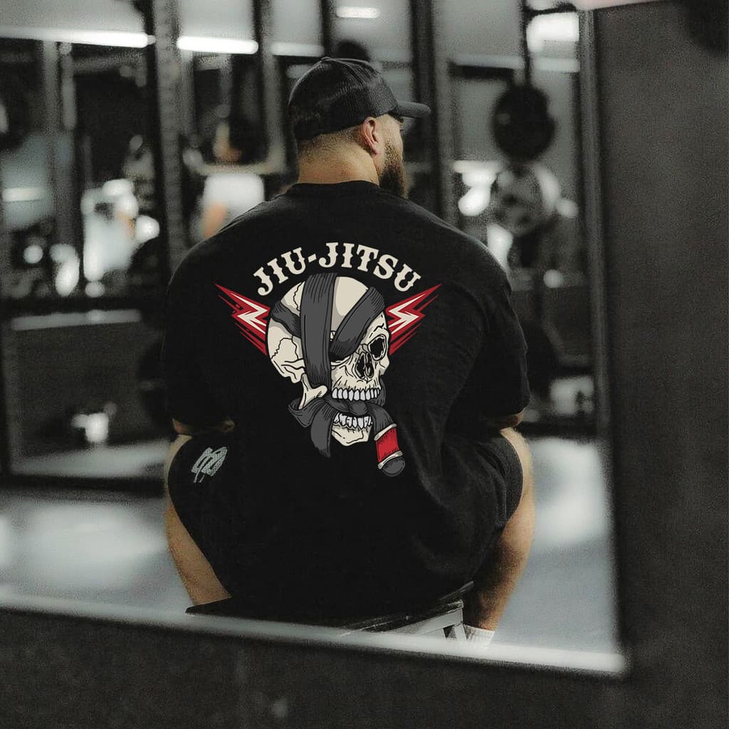 Camisa Oversized Masculino Jiu Jitsu Caveira Faixa Preta 100% Algodão Roupa de Academia