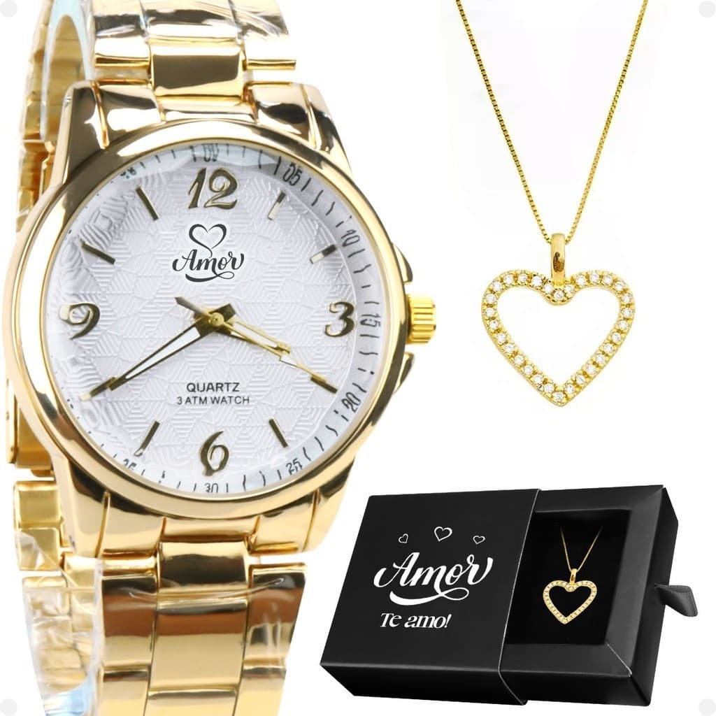 relogio feminino dourado aço + caixa + colar coração strass original casual social inoxidavel moda
