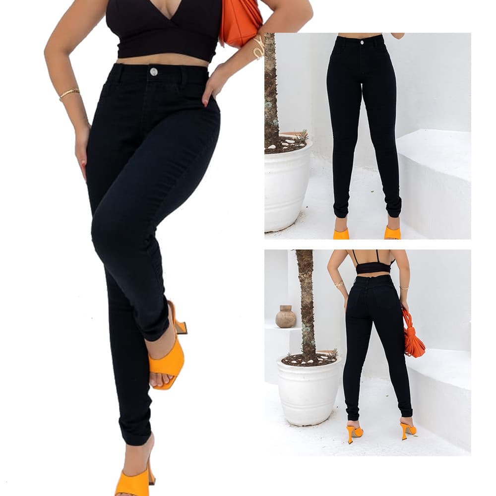 Calça Jeans Feminina Cintura Alta Skinny Com Lycra Empina Bumbum Com Elastano Calça Preta