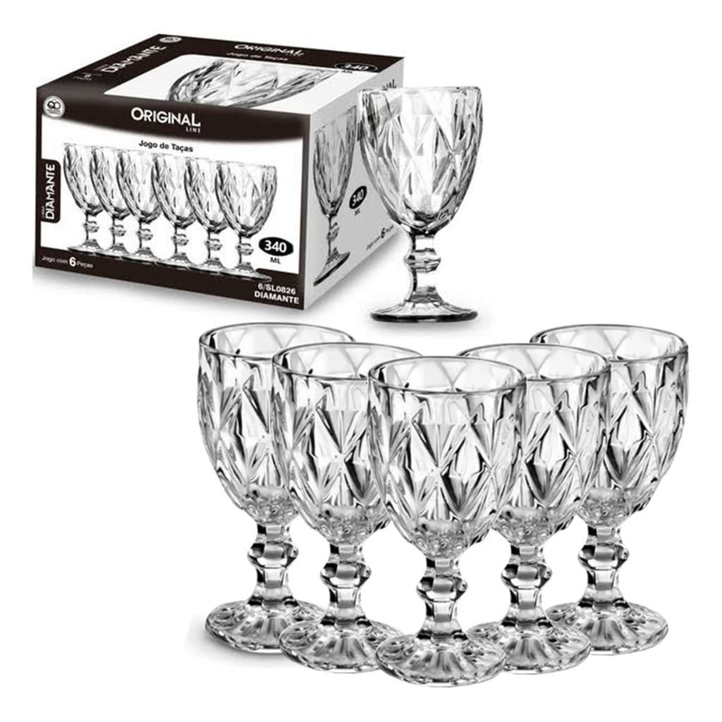 Jogo 6 Taças Vinho Água 340ml Diamond bico de jaca VidroTransparente