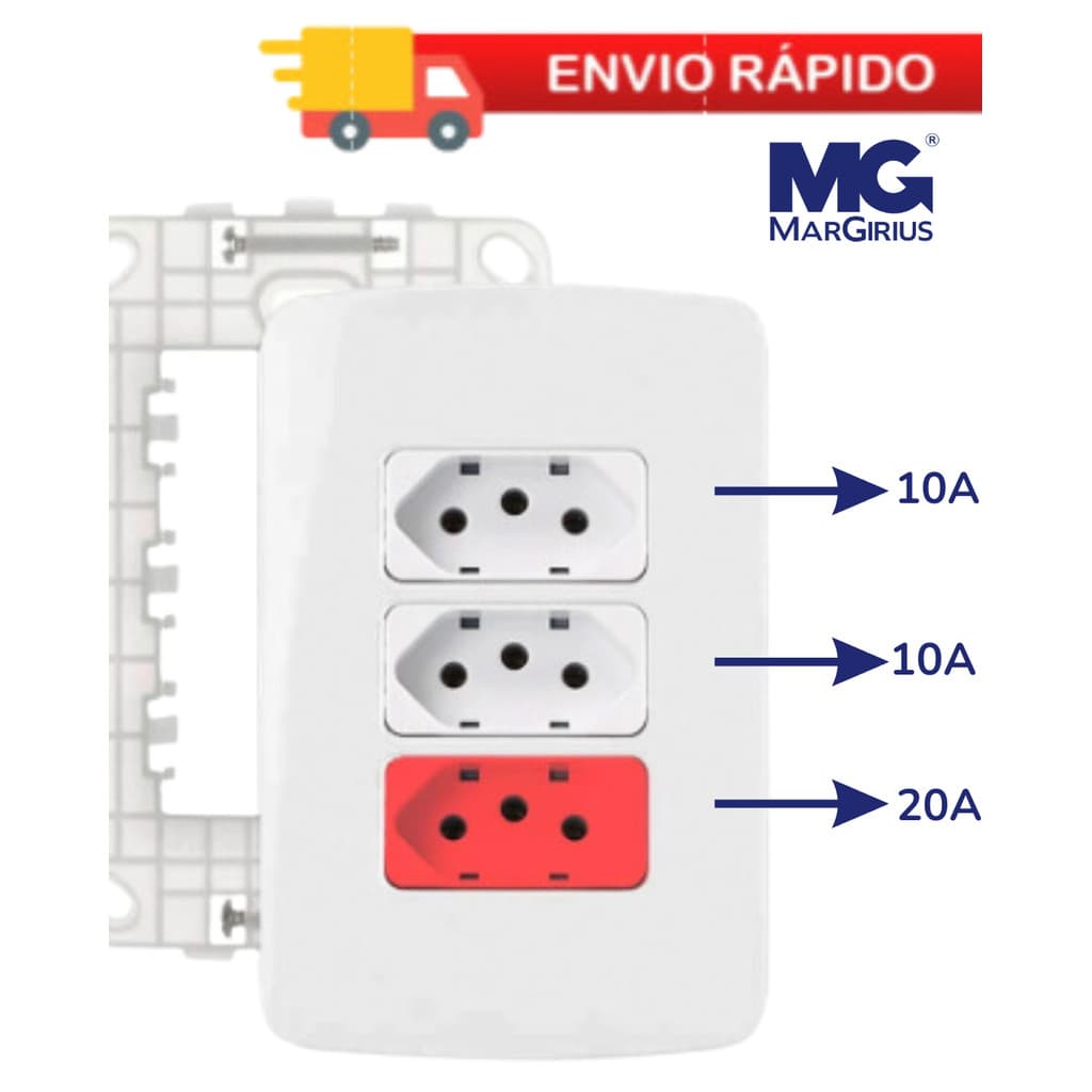 Conjunto Completo  4x2 Tomada tripla de:  2x 10A + 20A vermelho - Margirius Linha B3