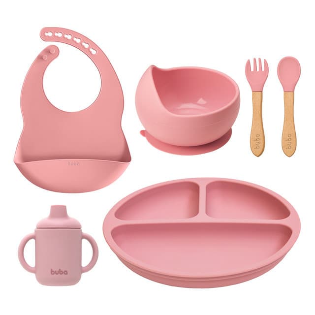 Kit Refeição Bebê com Babador + Copo + Prato + Bowl + Talheres Buba