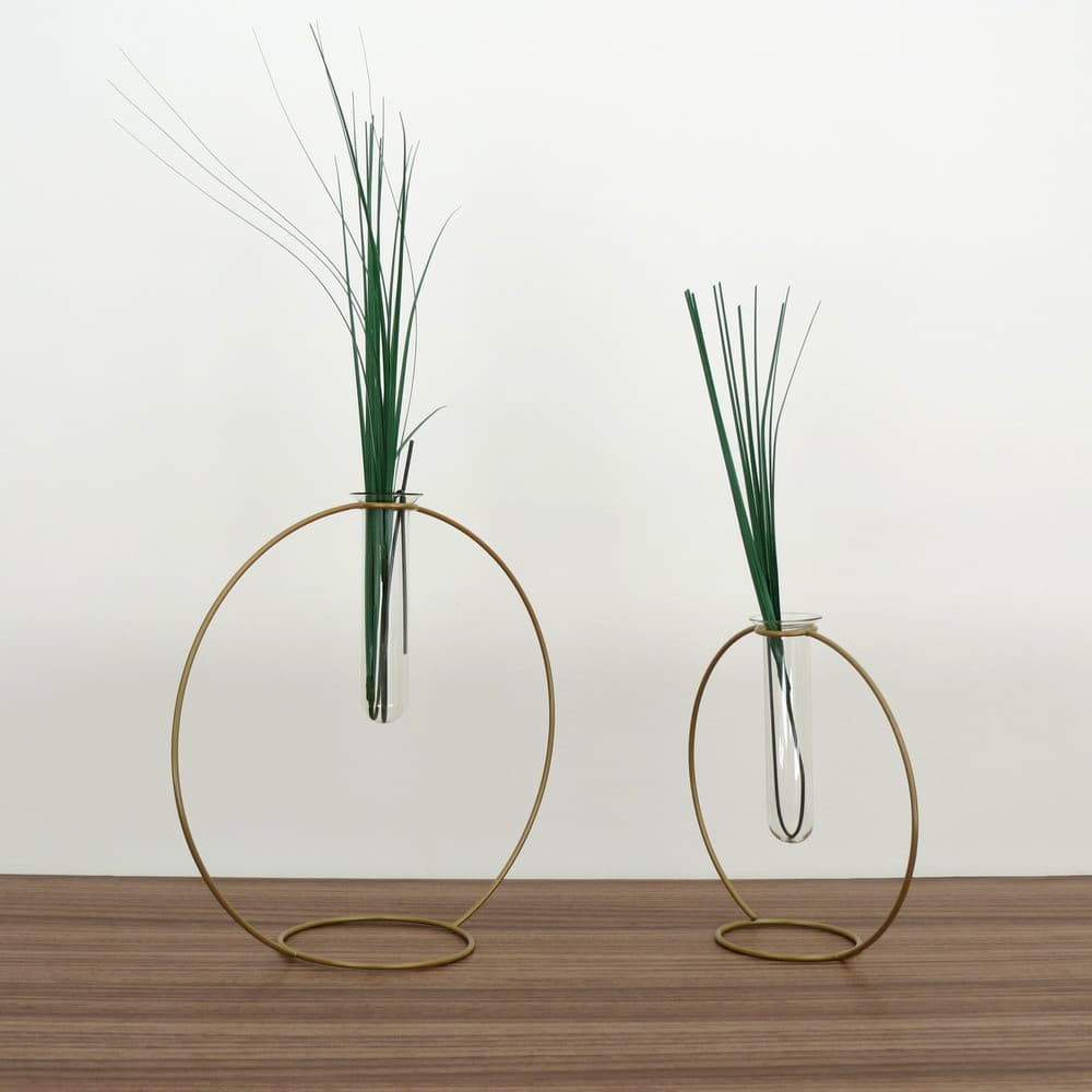 Kit 2 Vasos Tubulares em Vidro e Metal Dourado Para Plantas