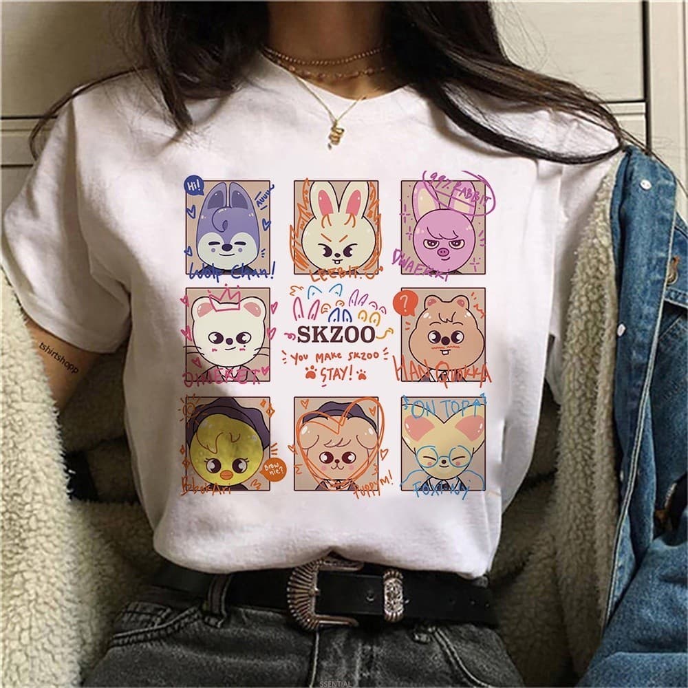 Stray Kids SKZOO Camiseta Feminina Harajuk Estilo Coreano Unissex Camisetas Desenhos Animados Algodão Tees Diário Blusas