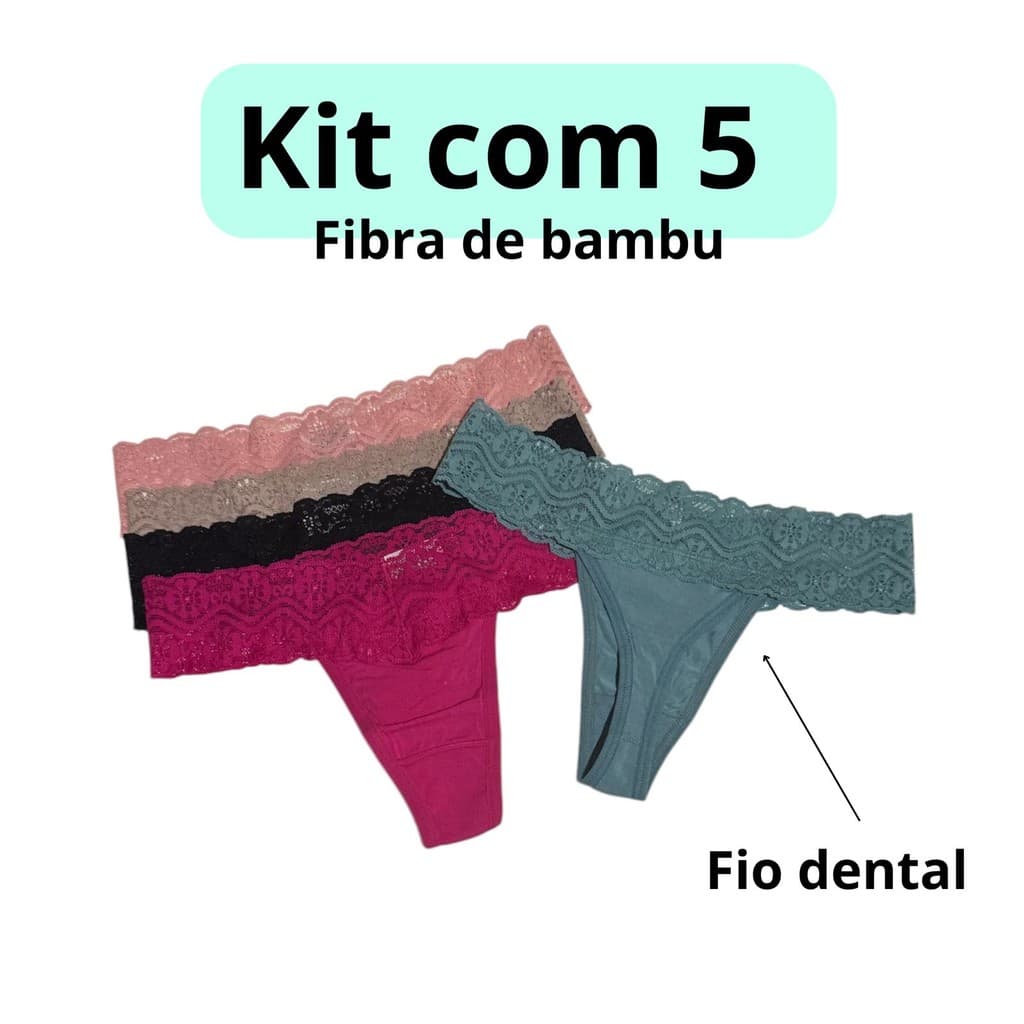 Kit 5 Calcinha Tanga Fio Dental Cós de Renda Malha Fibra De Bambu Confortável