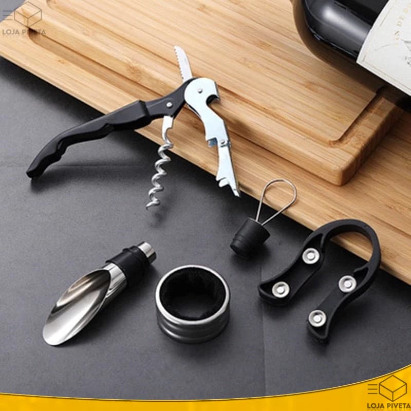 Kit Abridor de Vinho 5 Peças Inox - Saca Rolha, Dosador, Corta Lacre e Mais | Durável e Elegante