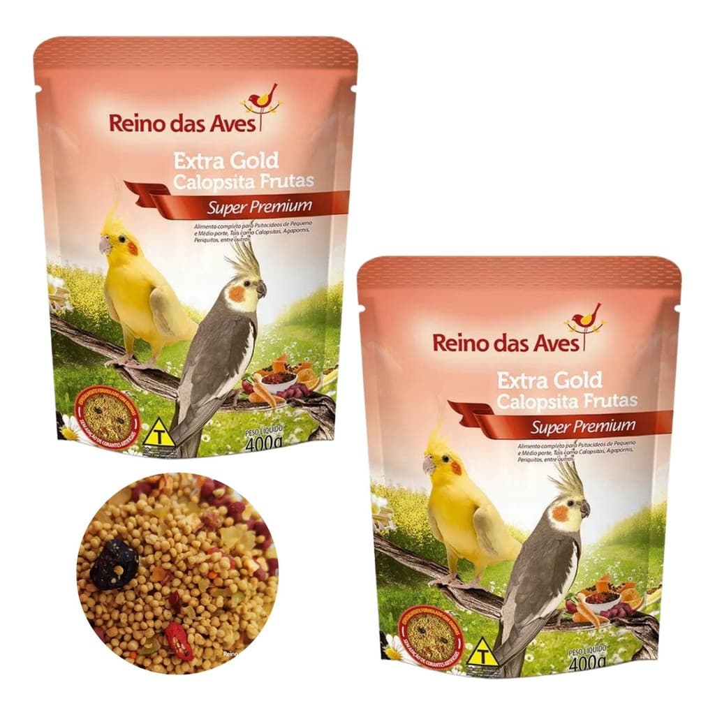 Kit 2 Extra Gold Calopsita Frutas 400g Reino das Aves Ração Para Psitacídeos Alimento Completo