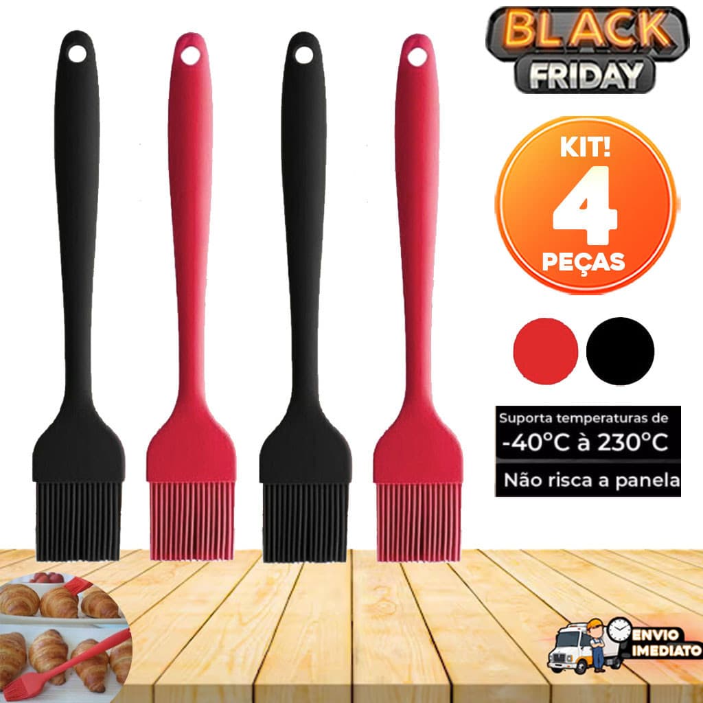 Kit com 4 Peças de Pincel Culinário em Silicone Maciço - Linha Profissional 25cm leve