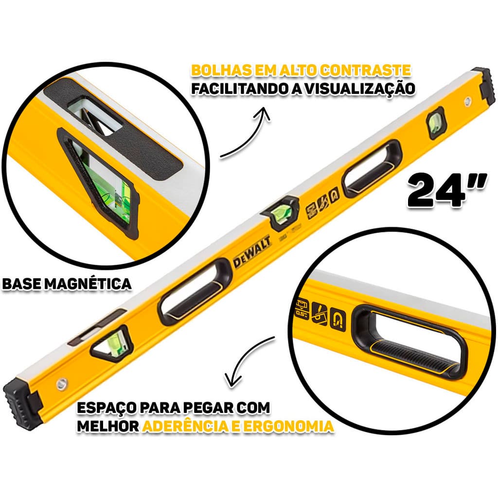 Nível De Alumínio Três Bolhas Com Régua 60cm Profissional Para Nivelamento Obra Construção