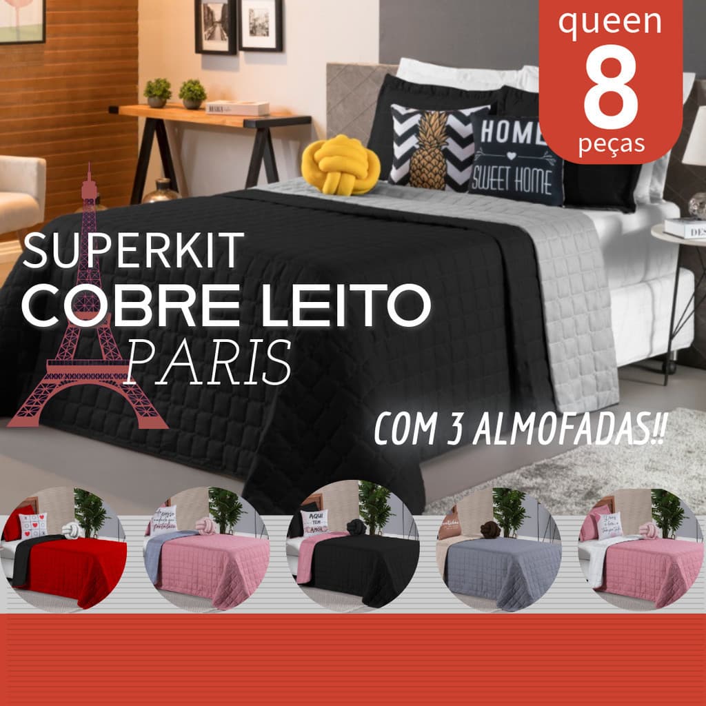 Kit Colcha Casal Cobre Leito Dupla Face Paris 8 Peças com 3 Almofadas