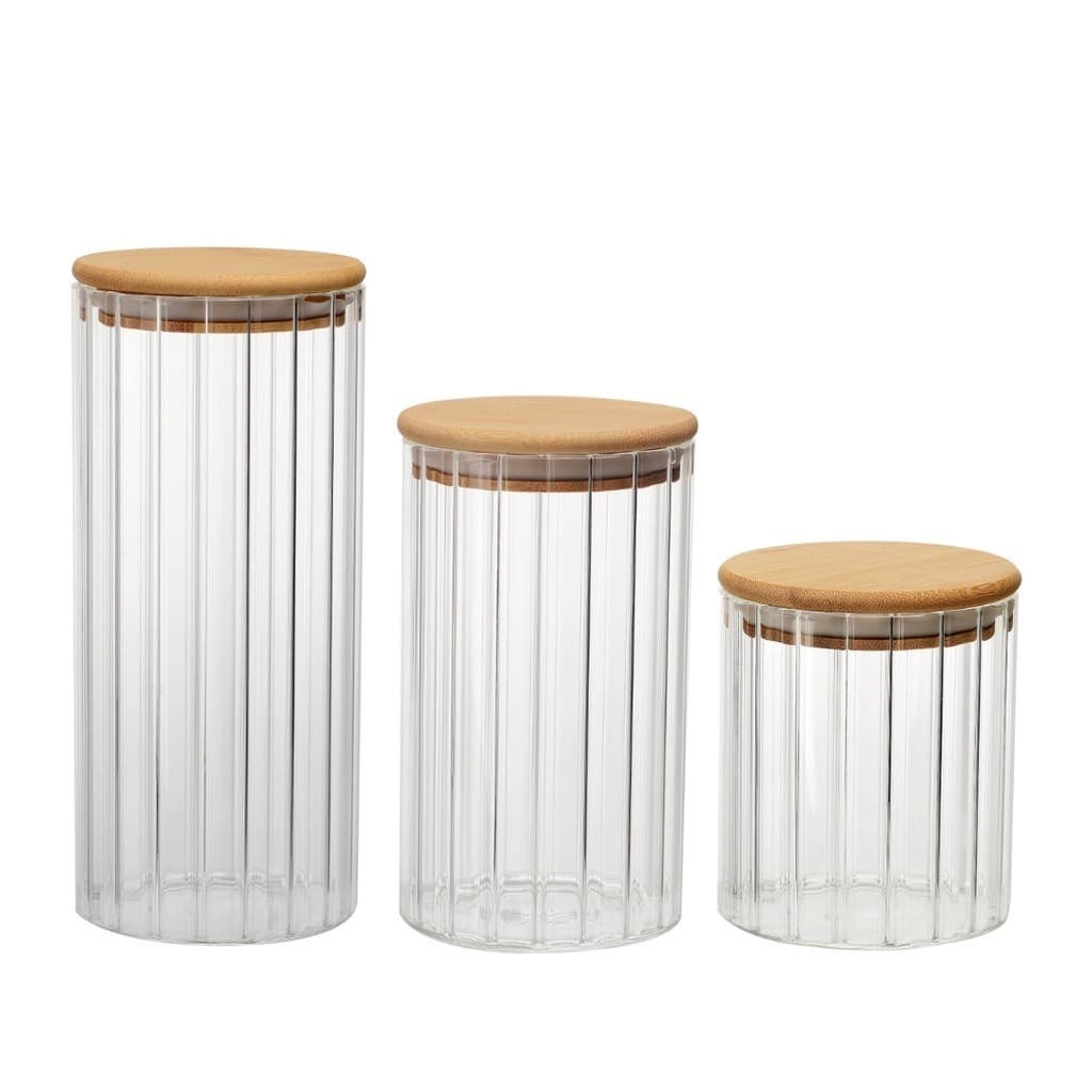 Kit 3 Potes De Vidro Canelado Hermético Mantimentos Com Tampa Bambu