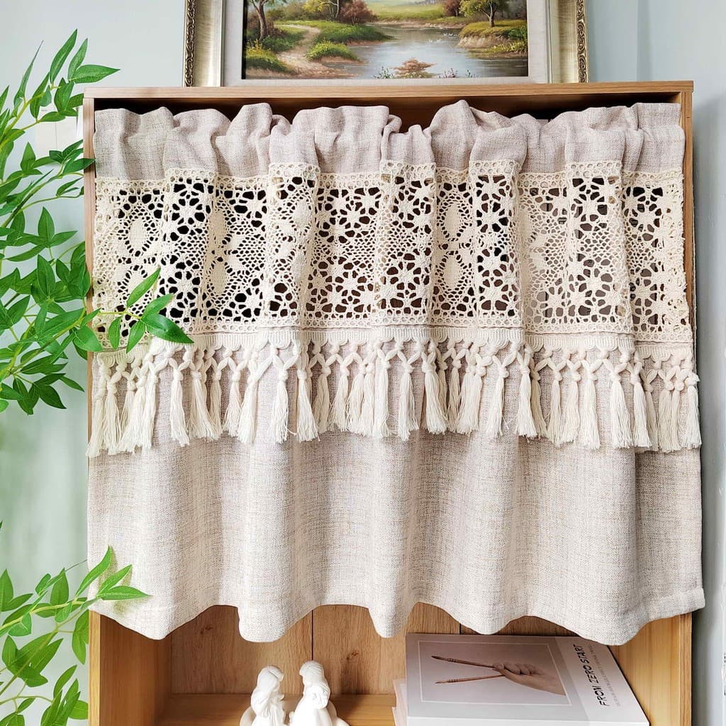 Crochê Emenda Pura Valance Semi Café/Cozinha Janela Topper Rústico Cortina Curta Camada Com Borlas Para Janelas Pequenas