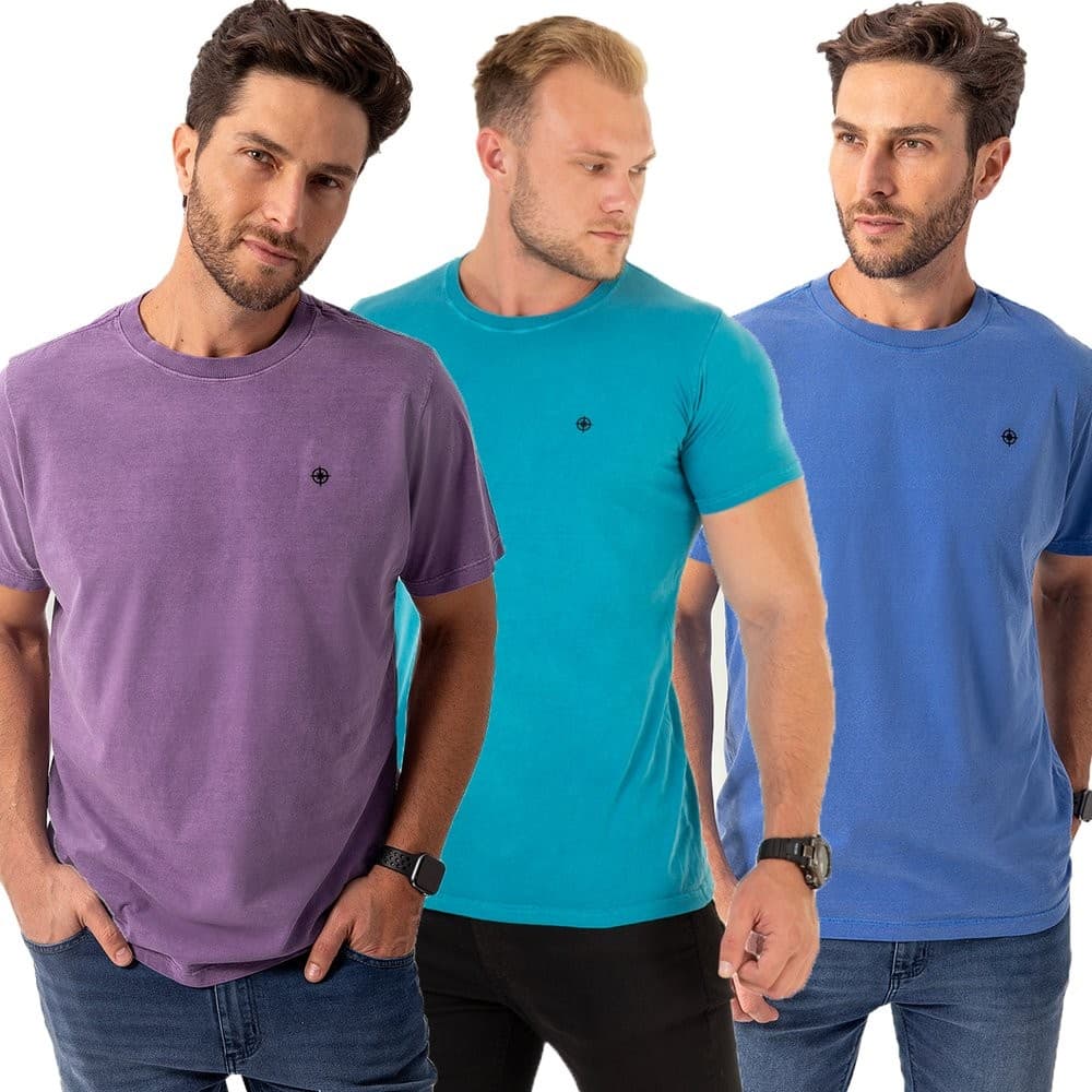 Kit 3 Camisetas Masculino Algodão  Estonada Premium Casul Slim Roxo Verde Maritmo