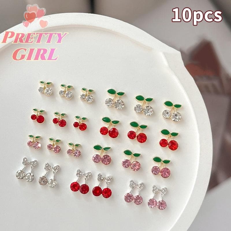 [Pretty ggirl] 10 Peças De Strass De Unha Cereja 3D Pingente De Joias De Cristal De Frutas Vermelhas Liga Y2K Para Mulhe
