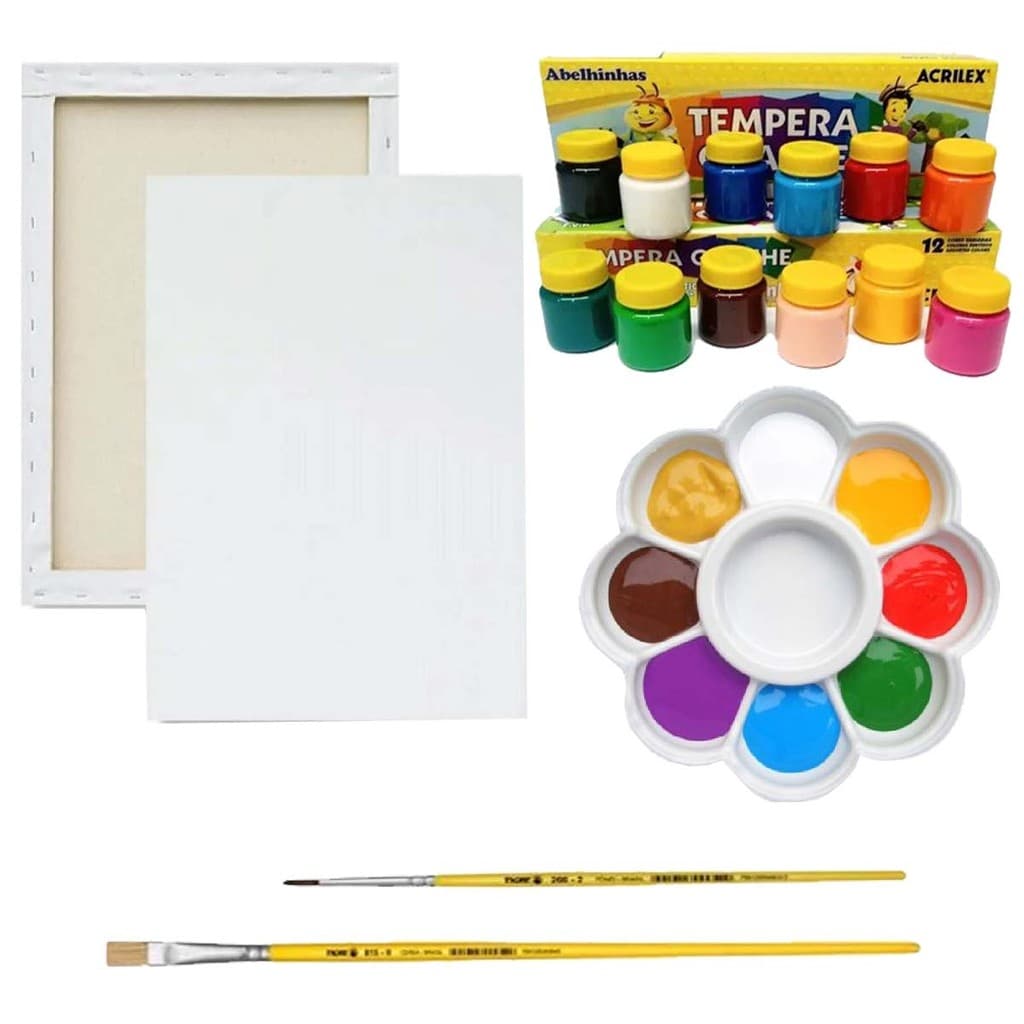 Kit 2 Telas Pintura 20x20cm 1 Godê 12 Tinta Guache 2 Pincéis