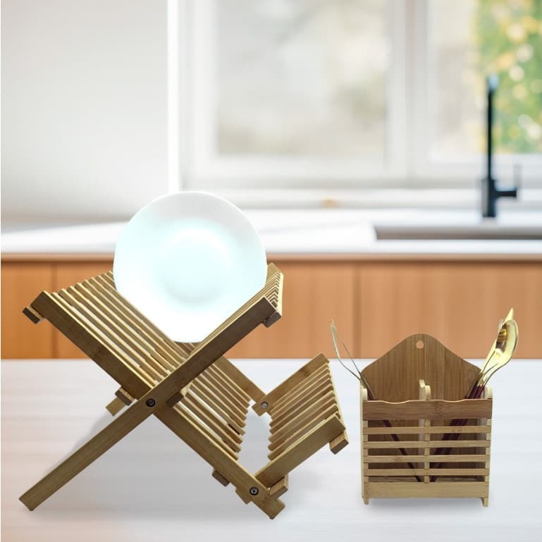 kit Porta Talher Bambu Moderno e Escorredor de Pratos de Bambu com 11 e 14 Divisórias