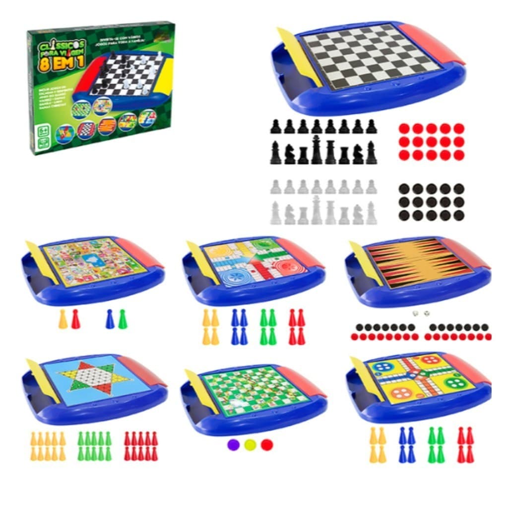 kIT Jogos Clássicos p/ Viagem 8 em 1 Xadrez Gamão Damas Ludo