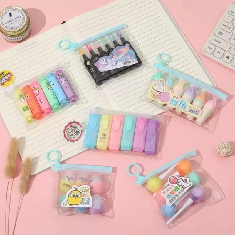 Kit de 6 Peças Mini Marcador De Texto Kawaii Desenho Fofo Marca Texto