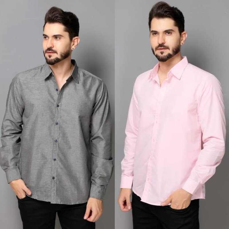 Kit 2 Camisa Social Masculina Cor Sólida Manga Longa Casual Slim Fit