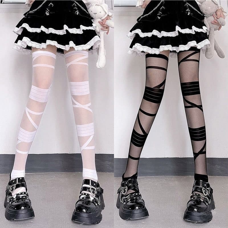 Meias Longas Góticas Punk Gótico De Seda Cross Strap Transparente Branco Preto