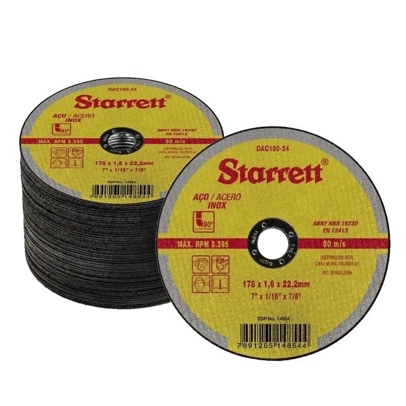 Kit 12 Discos De Corte Inox Starrett 7" 180 x 1,6 x 22,2mm Alta Durabilidade Profissional