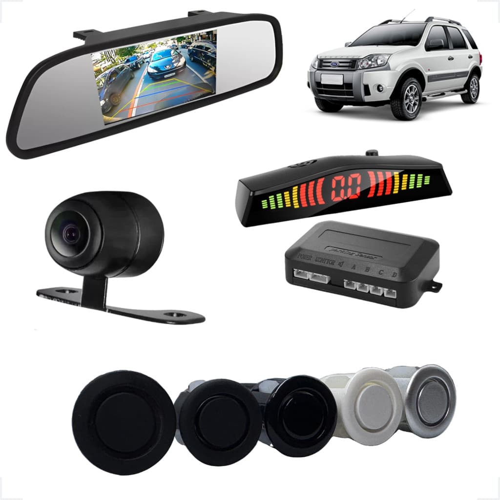 Kit Retrovisor Com Câmera + Sensor de Ré Ecosport 2003 2004 2005 2006 2007 2008 2009 até 2021