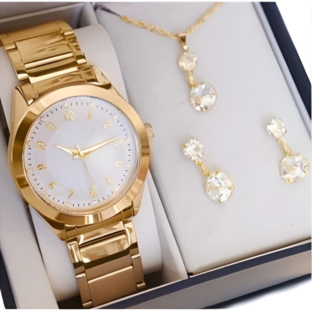 Relogio Feminino Rose Original Kit Colar e Brincos 003