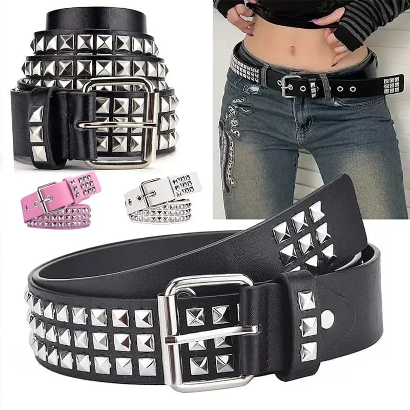 Retro Quadrado Grânulo Rebite Cinto Masculino Feminino Universal Pirâmide De 3 Fileiras Incrustada Com Prata Punk Gótico