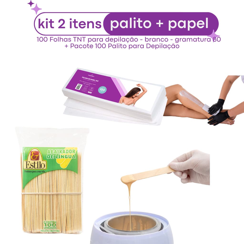 Kit 100 Palito Abaixador de Lingua Depilação + 100 Folhas Papel TNT para Depilação