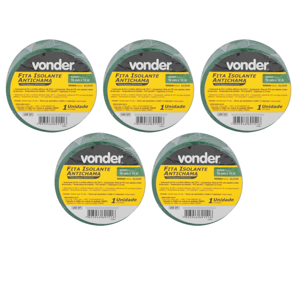 Kit 5 Fitas Isolantes 19,0 mm x 10Metros Verdes VONDER