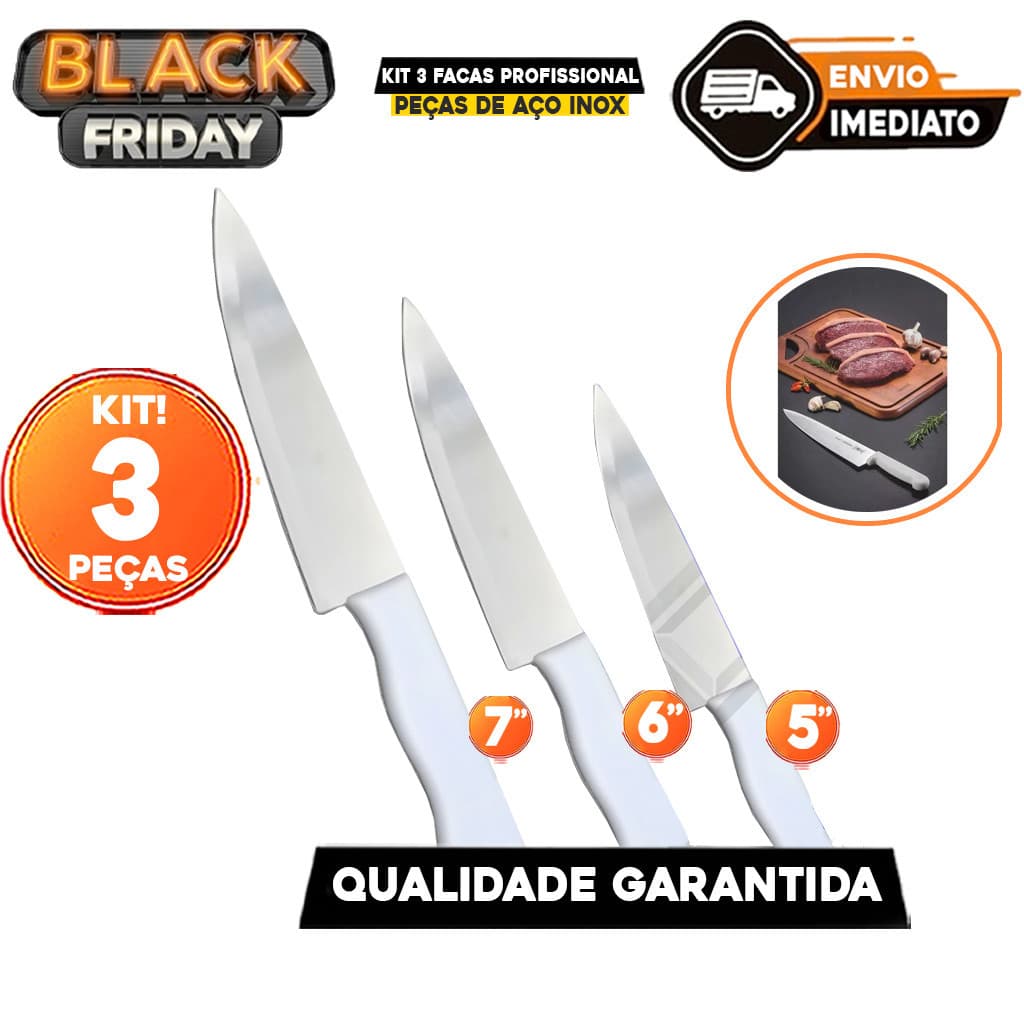 Jogo 3 Unid Faca Aço Inox Cozinha Churrasco Açougue Uso Profissional Chef e Donas de Casa