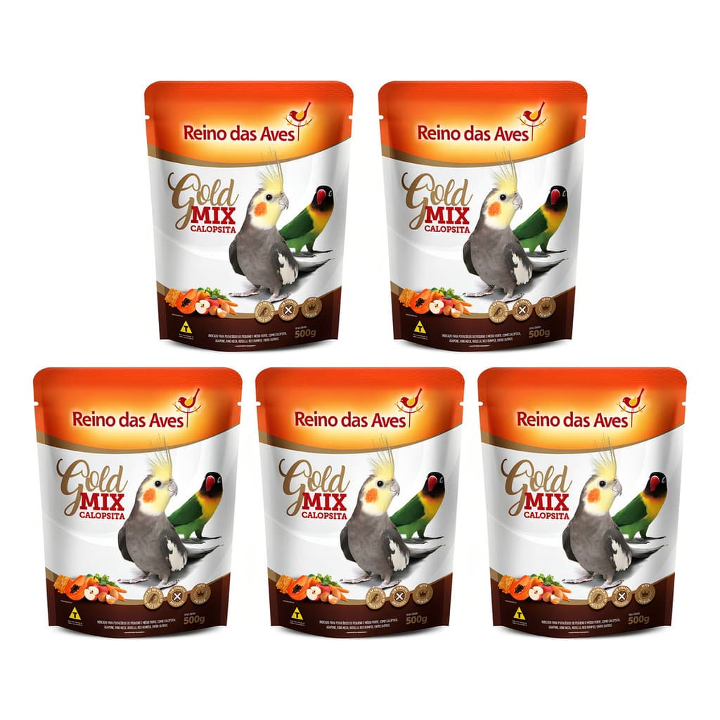 Kit 5 Calopsita Gold Mix Reino das Aves 500g Ração Para Calopsitas Alimento Completo