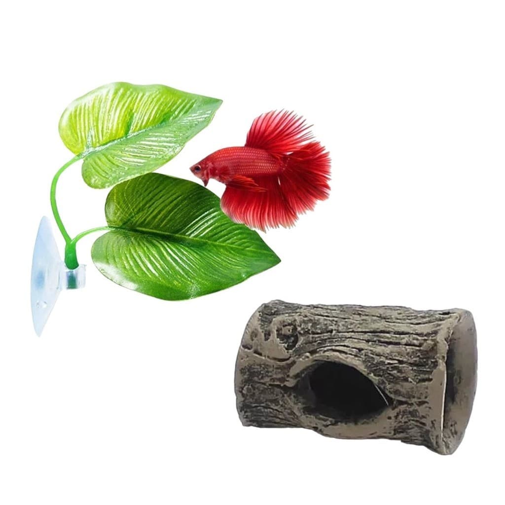 Kit Betta Folha dupla de Descanso Cama E Mini Tronco para Aquários