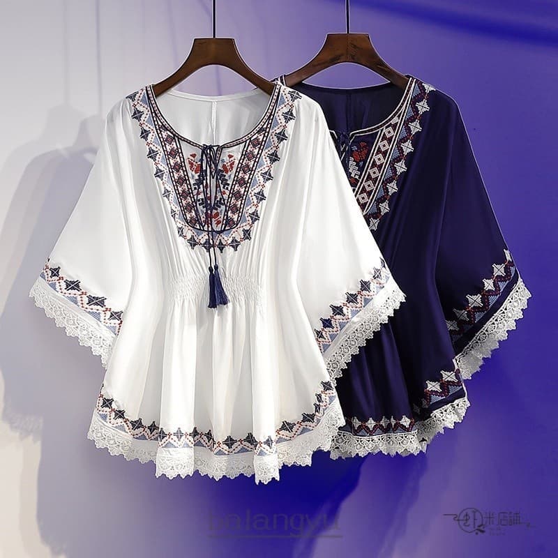 Mulheres Plus Size Camisa Imprimir Chiffon Casual Retro Fino 513