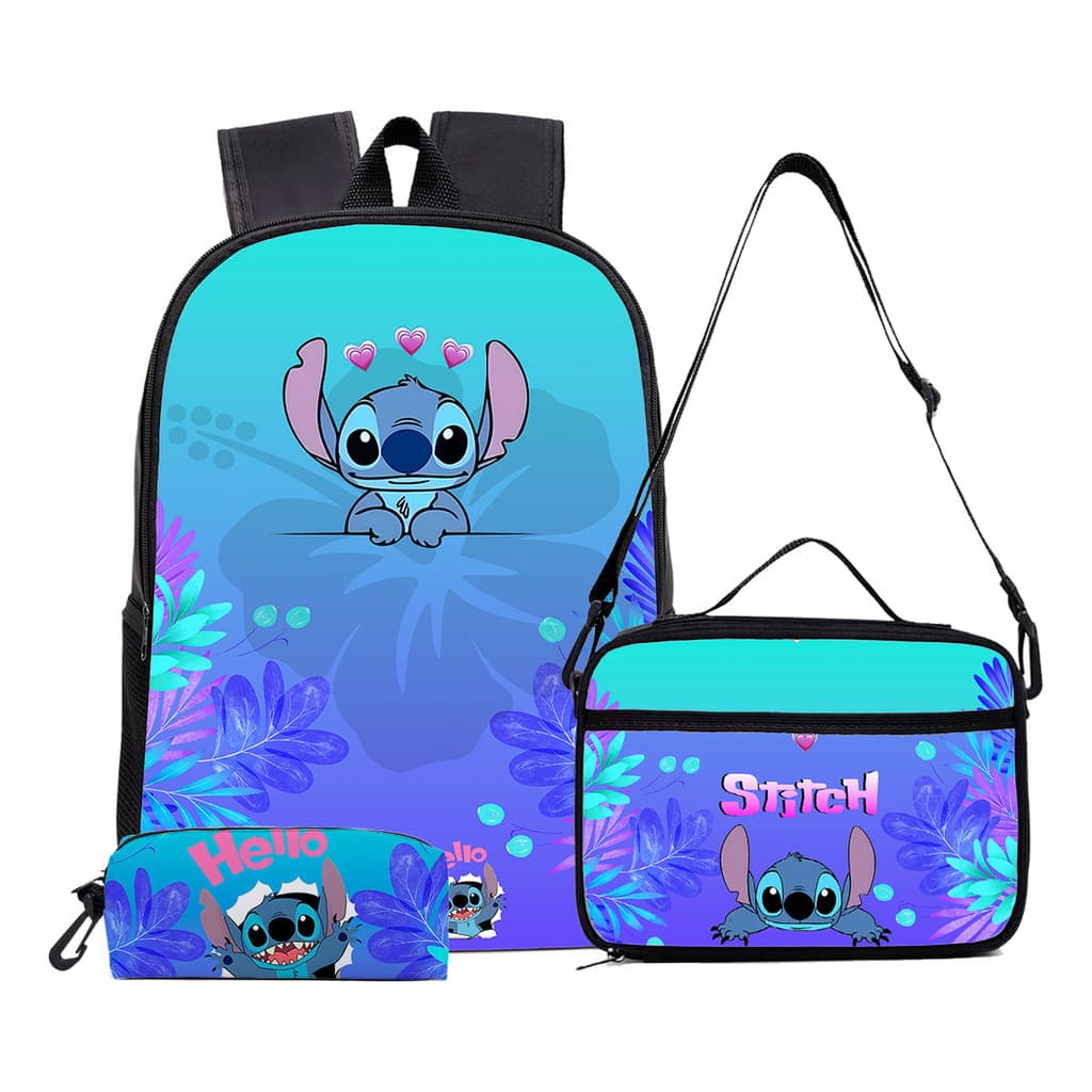 Mochila Lilo Stitch Kit Com Mochila, Lancheira E Estojo