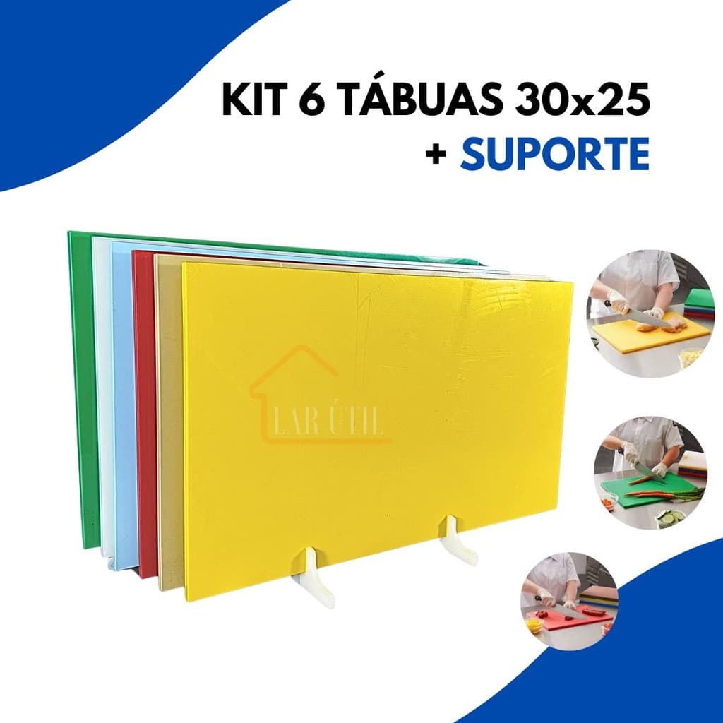 Kit De 6 Tábuas De Corte Profissional Polietileno 30x25 8MM Antibacteriana Carnes Legumes Peixes Pao
