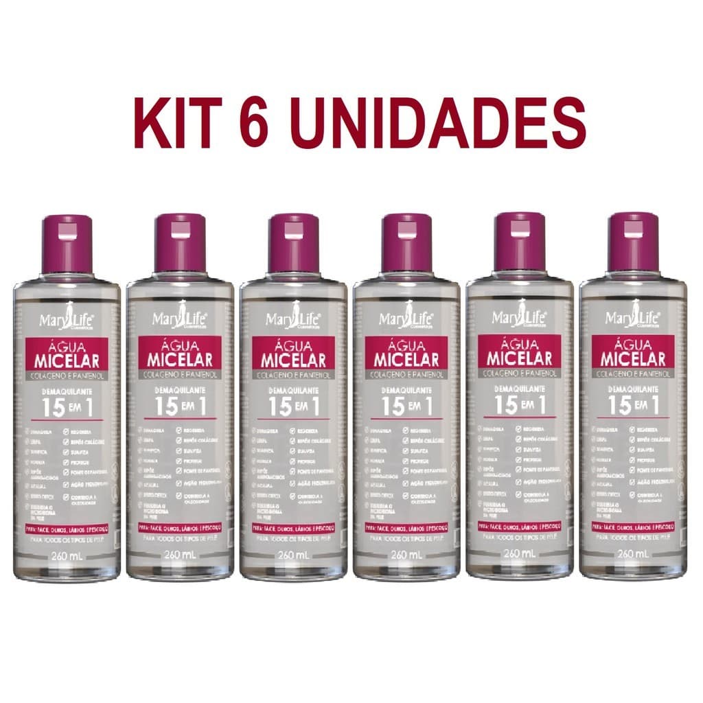 Kit 6 Unidades Água Micelar Colágeno e Pantenol 15 em 1 260mL Mary Life
