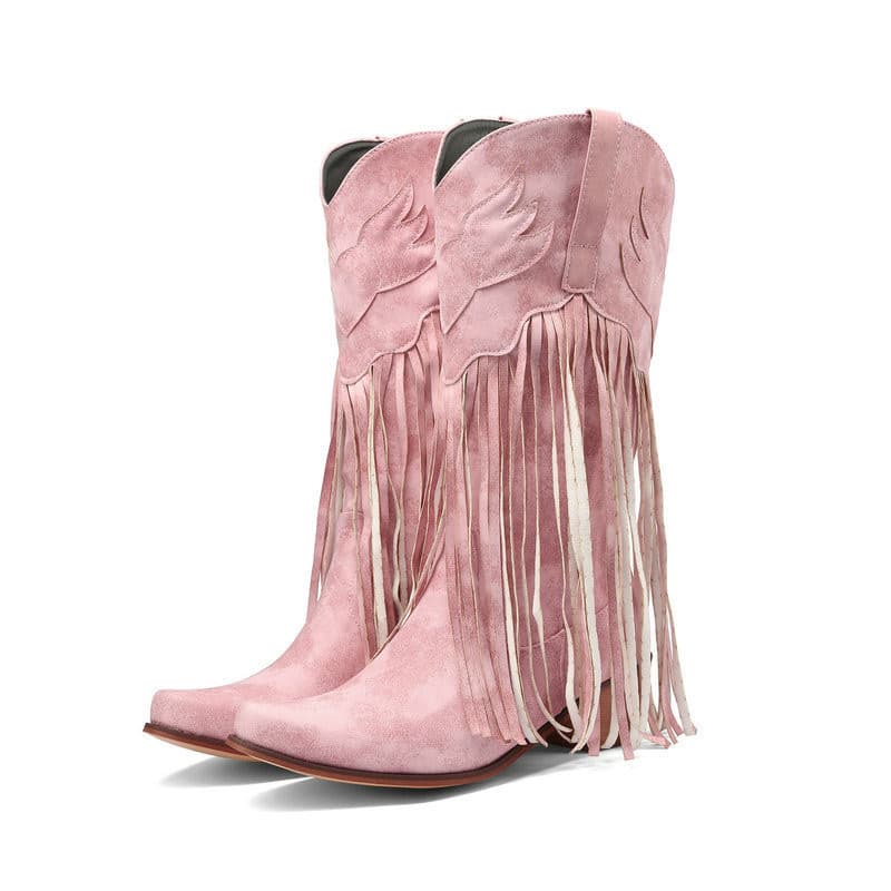 Botas femininas europeias e americanas botas retrô de meio-tubo, salto grosso, salto alto, cabeça redonda, botas de cowb
