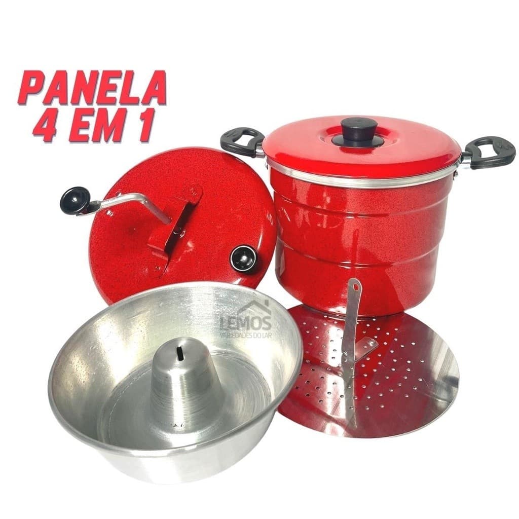 Cuscuzeira 4 em 1 Vermelha Panela Pipoqueira e Faz Pudim Banho Maria Pipoca Cuscuz Alimentos A Vapor