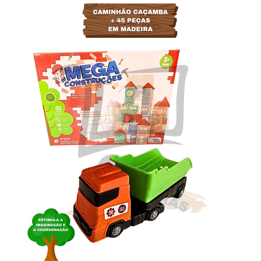 Kit Caminhão Caçamba Articulado Brinquedo Infantil E Blocos De Montar Madeira 45 Peças Mega Construções