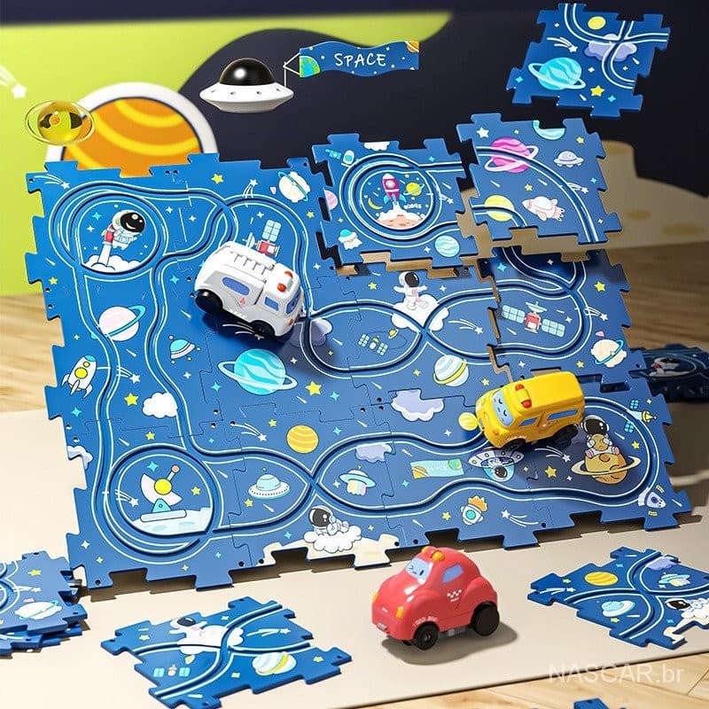 DIY jogos de quebra-cabeça, espaço/dinossauro carros de pista, carros de pista para crianças, conjuntos de brinquedos