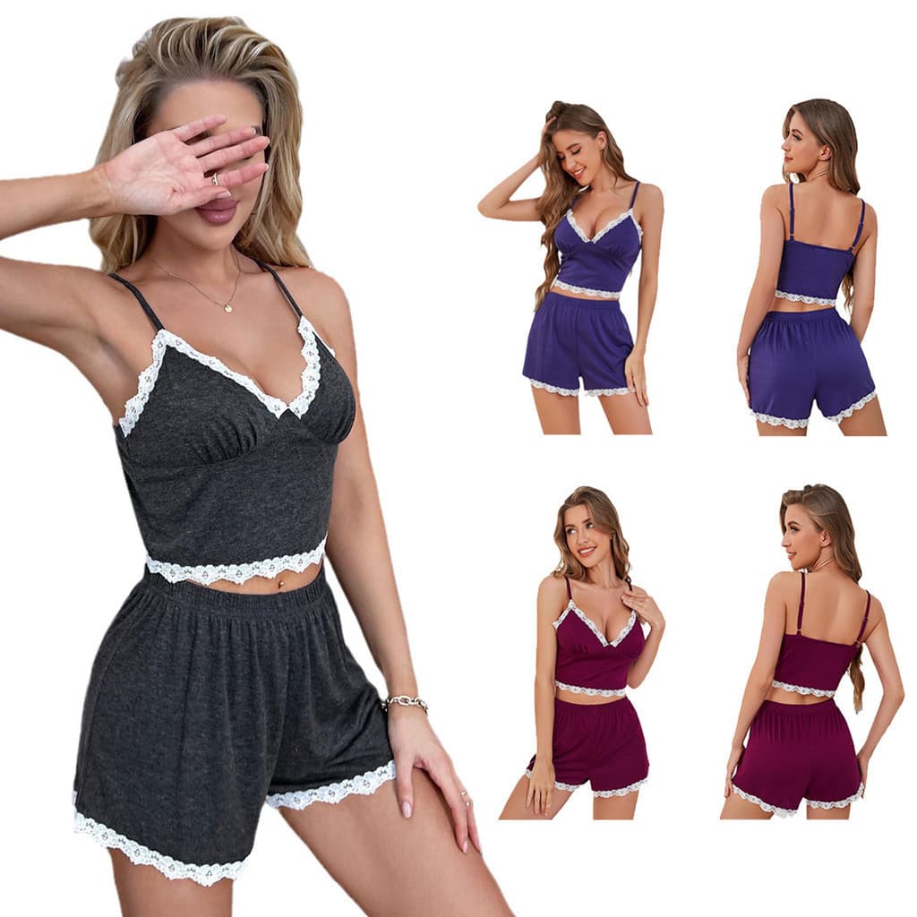 Pijamas de verão femininos europeus e americanos, conjunto de casa com decote em V e renda com alças.