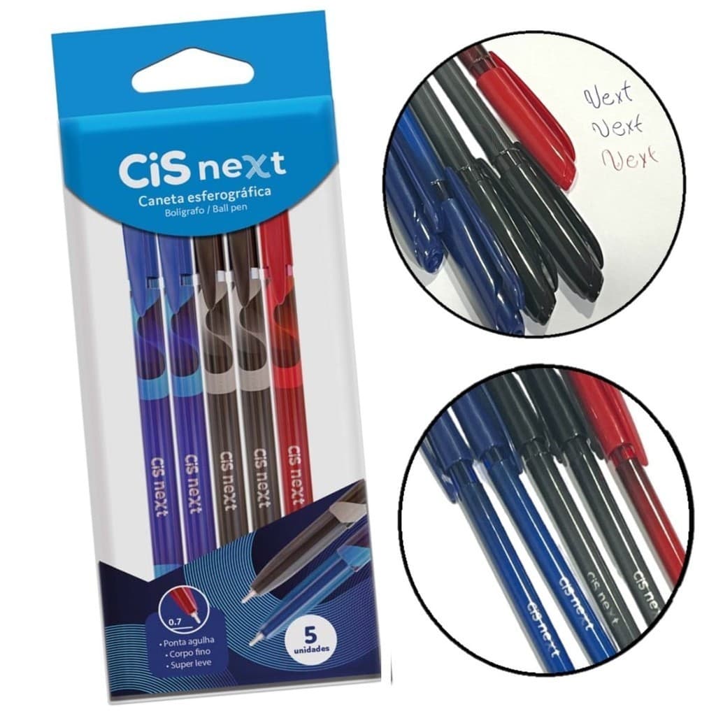 Caneta Esferográfica Next Cis 0,7mm Ponta Fina kit com 5 unidades 3 cores