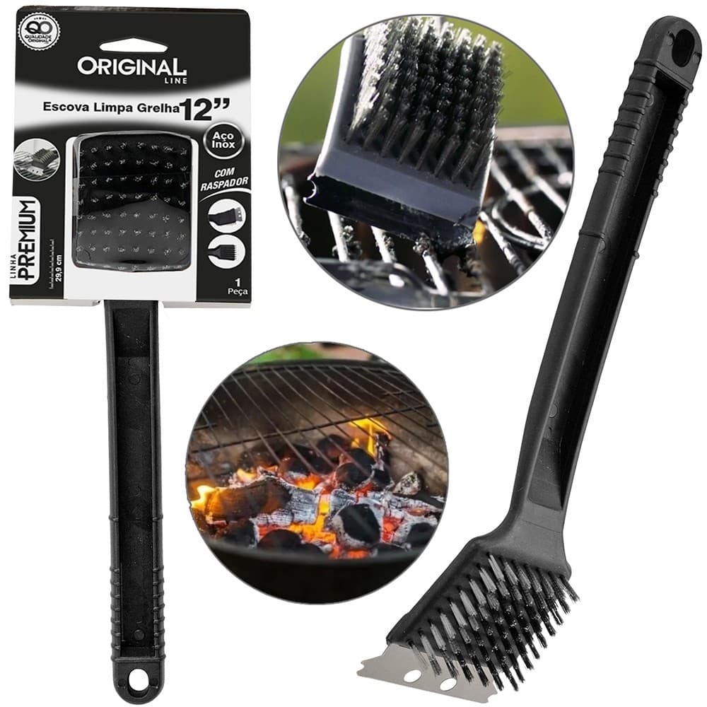 Escova Para Grelha Cerdas de Aço Original Line Limpa Grelha de Churrasqueira Com Raspador
