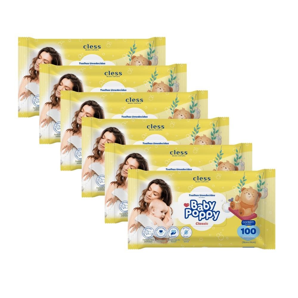 Kit Lenço Umedecido Baby Poppy Classic 600 lenços (6x100)