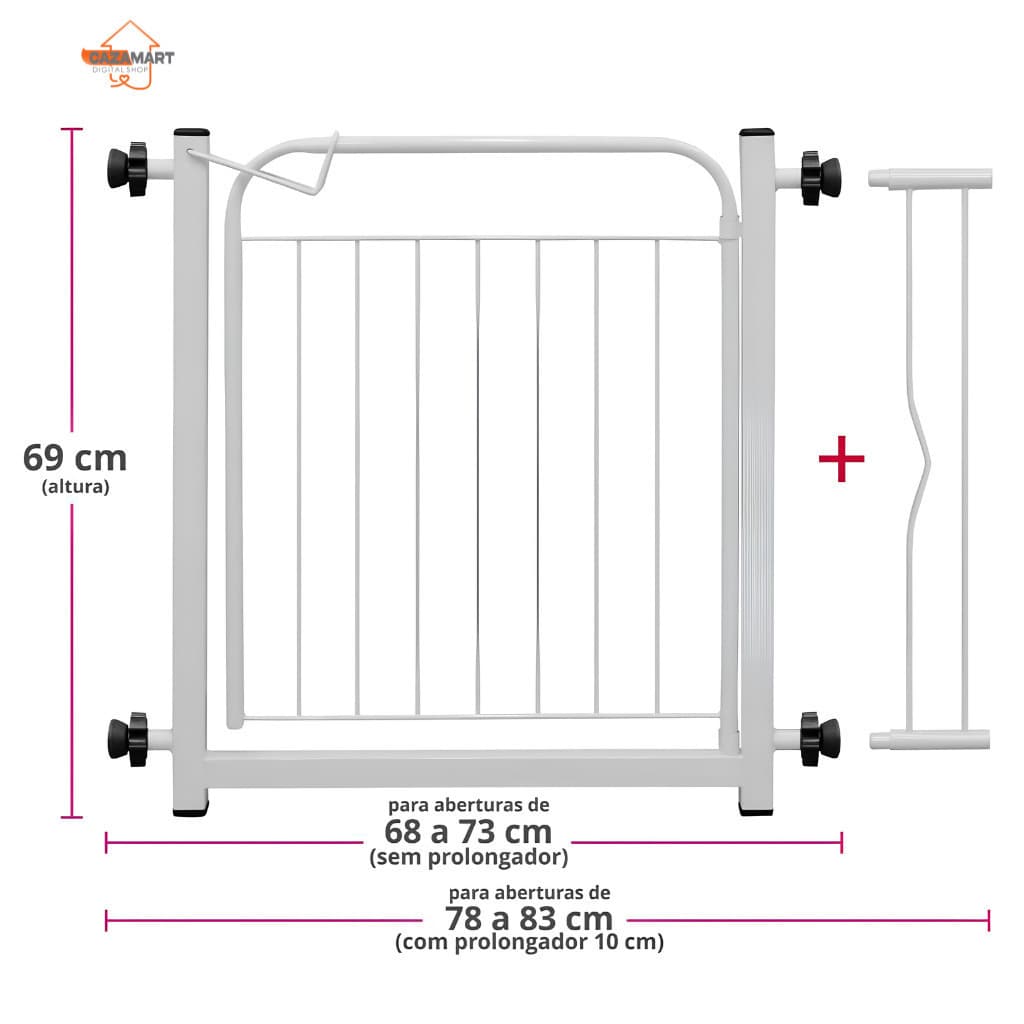 Portão Portãozinho Grade para Pet Cachorro Bebes De Proteção 69 A 83 Cm Branco Antiferrugem Portátil