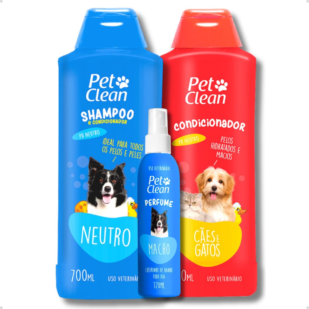 Kit Shampoo Pet Shop Cachorro e Gato Neutro + Creme Condicionador de Pelos + Perfume Pet Clean