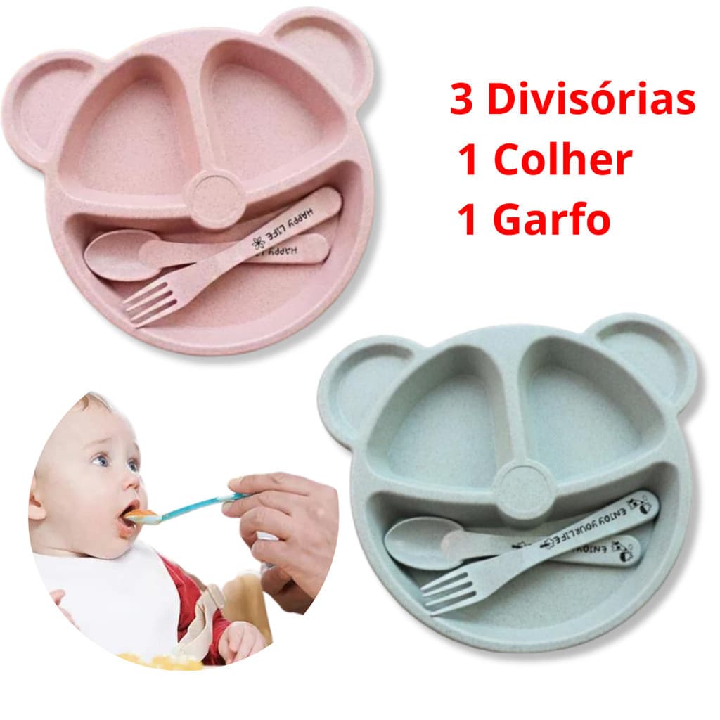 prato infantil com Divisórias e talheres pratinho urso introduçao alimentar papinha criança ursinho